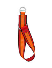 A safety lanyard is connected to a harness via a D-ring